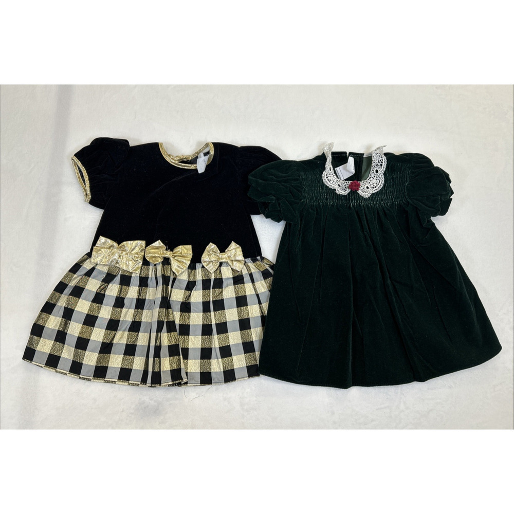 2) Vintage 90's 18m Green & 24m Black/Gold Velvet Holiday Dresses Bnfts Charity - Picture 1 of 11